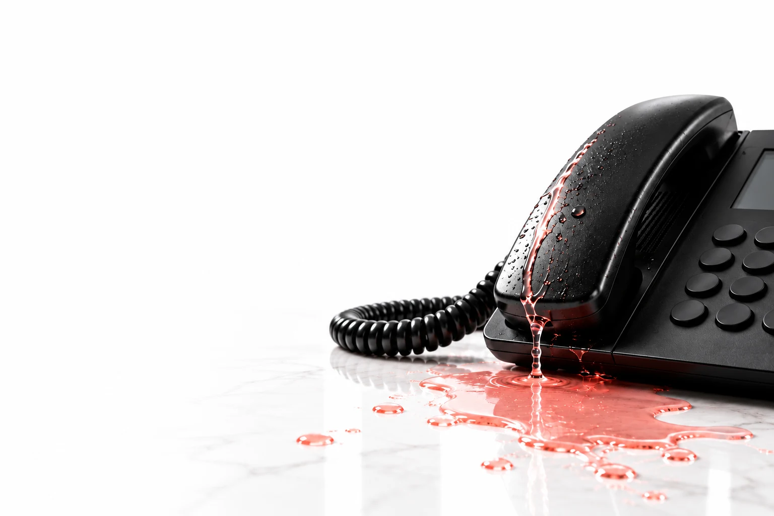Black clinic phone with salmon-pink liquid, representing missed inquiries